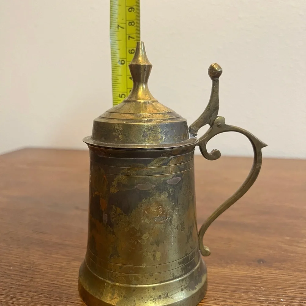 Vintage Brass Lidded Tankard Mug – Made in India – 8” Bar Décor / Collectible